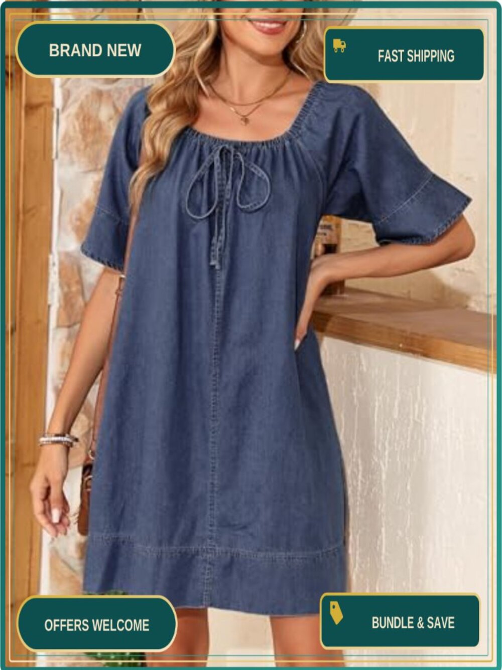 Dokotoo Women's Denim Dress Lightweight Flowy Tie Knot Cotton Jean Dress - Picture 5 of 6